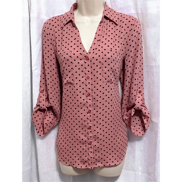 IZ BYER Dusty Rose  Black Polka Dot Button Down Blouse sz: M - Picture 1 of 6
